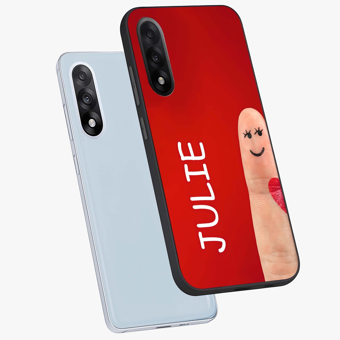 Smiling Love Sign Glass Case for 1+Nord 5 angled mockup showcasing glossy finish and vibrant heart detailing