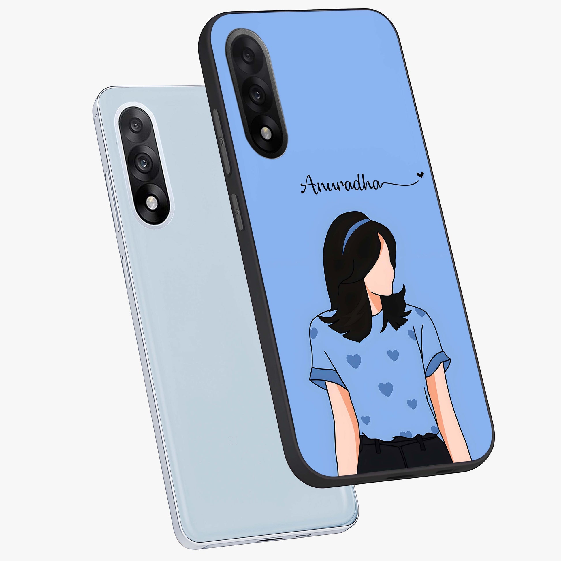 Soft Hearts Girl Glass Case for 1+Nord 5 angled mockup showcasing glossy finish and pastel romantic tones