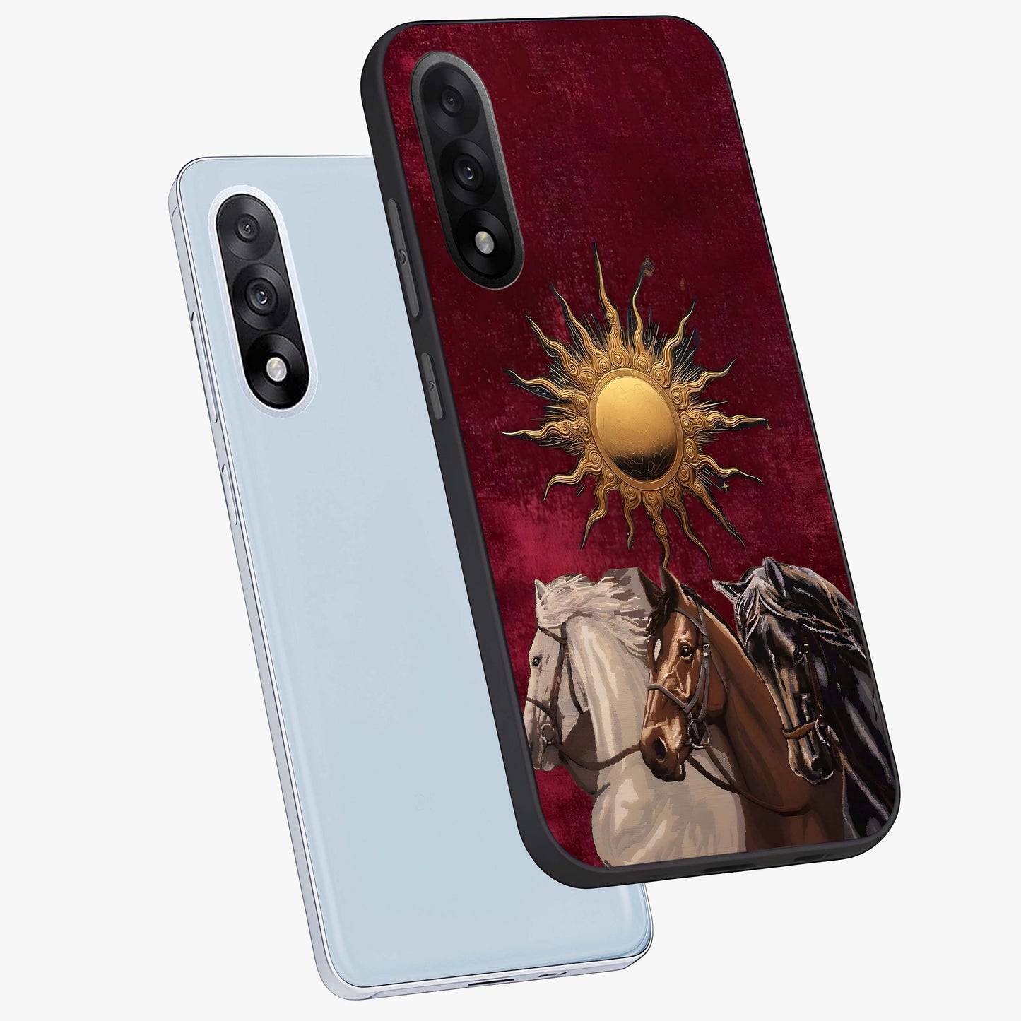 Solar Riders Glass Case for 1+Nord 5 angled mockup showcasing glossy finish and vibrant sunset gradients