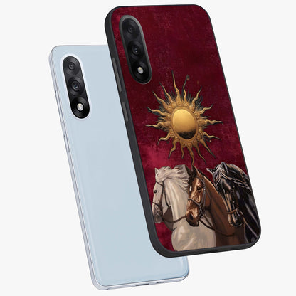 Solar Riders Glass Case for 1+Nord 5 angled mockup showcasing glossy finish and vibrant sunset gradients