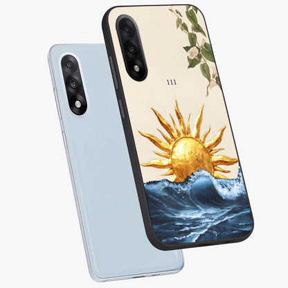 Solar Wave Bloom Glass Case for 1+Nord 5 angled mockup showcasing glossy finish and warm luminous tones