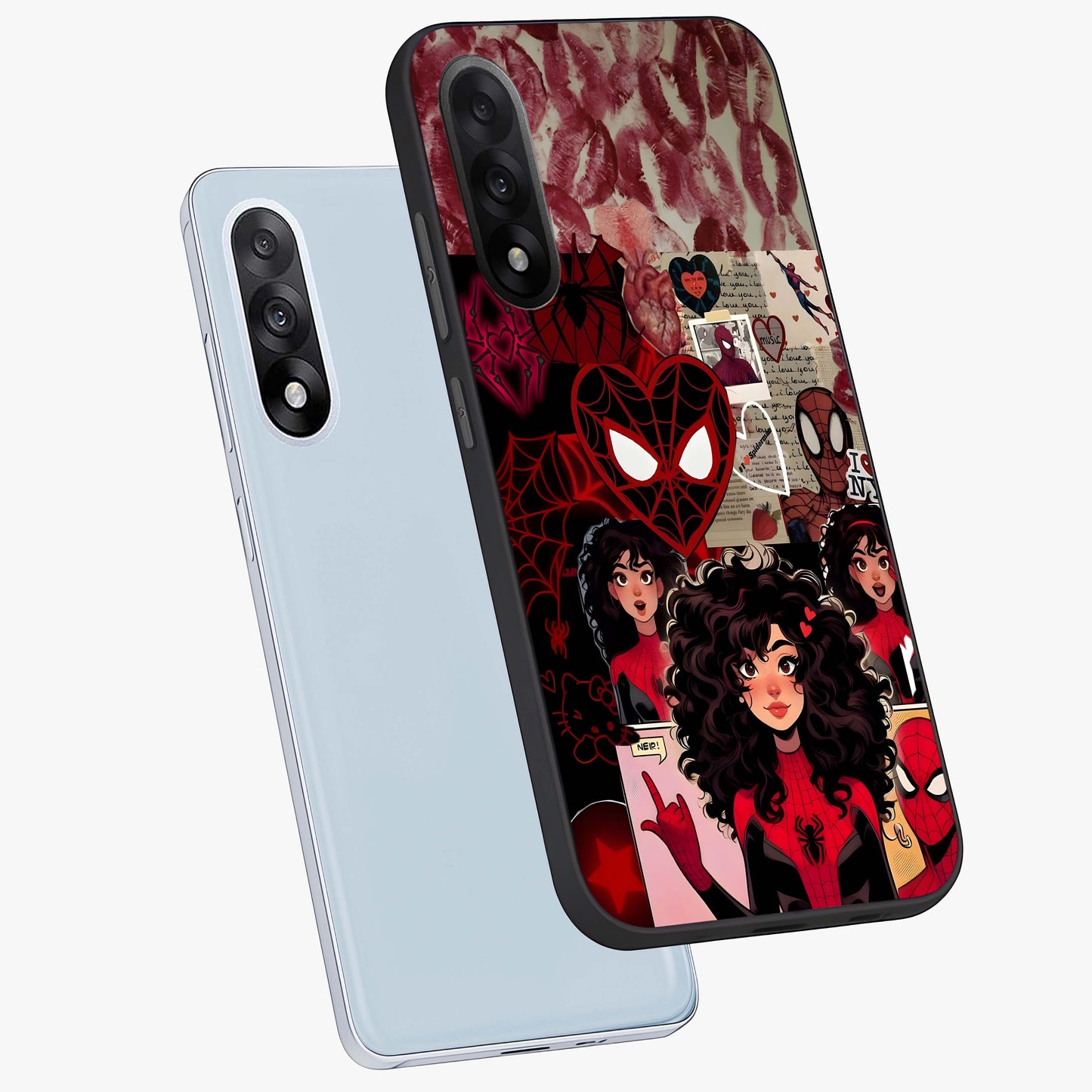 Spider Love Story Glass Case for 1+Nord 5 angled mockup showcasing glossy finish and vibrant comic style detailing