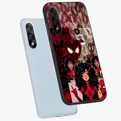 Spider Love Story Glass Case for 1+Nord 5 angled mockup showcasing glossy finish and vibrant comic style detailing