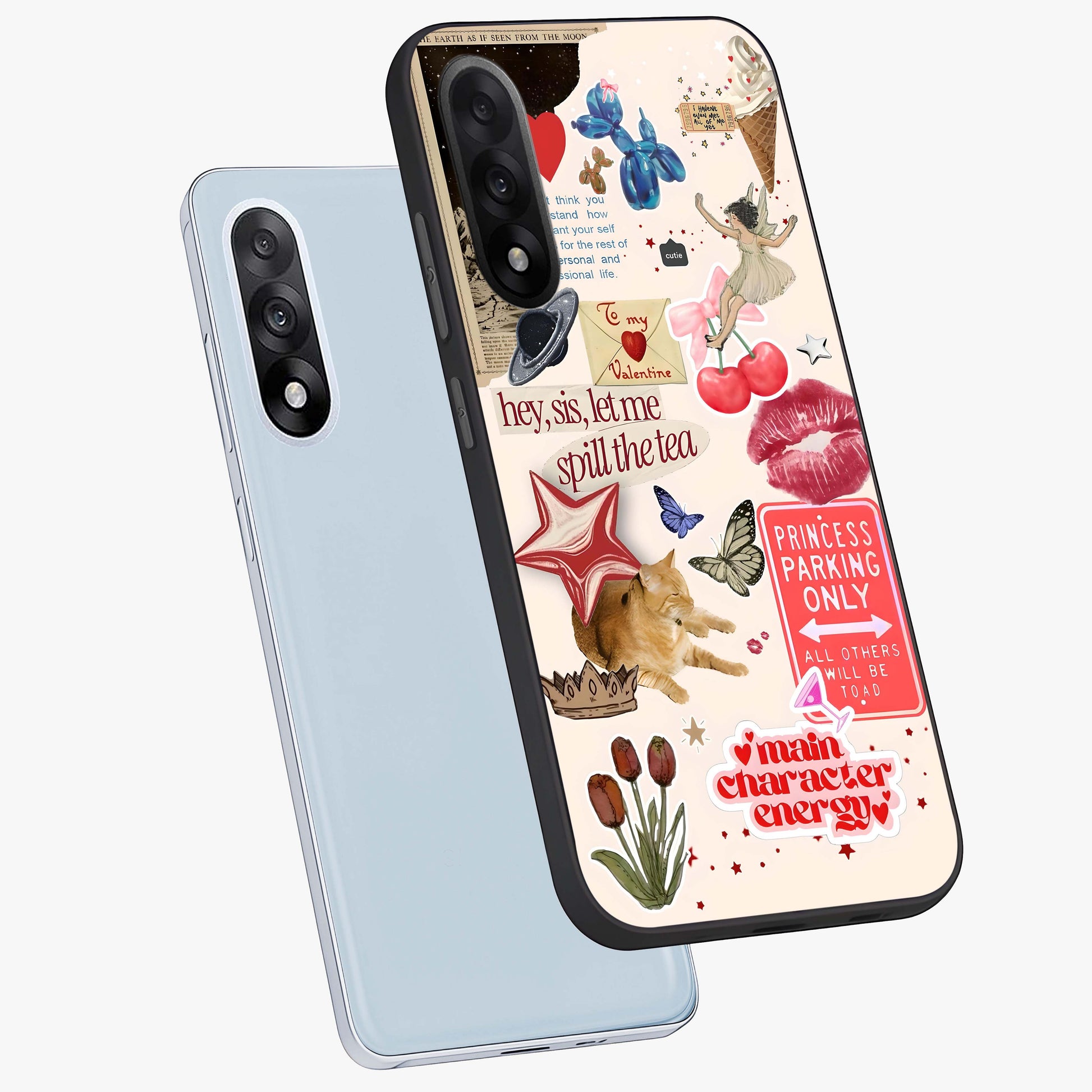 Spill the Tea Retro Collage Glass Case for 1+Nord 5 angled mockup showcasing glossy finish and bold retro detailing