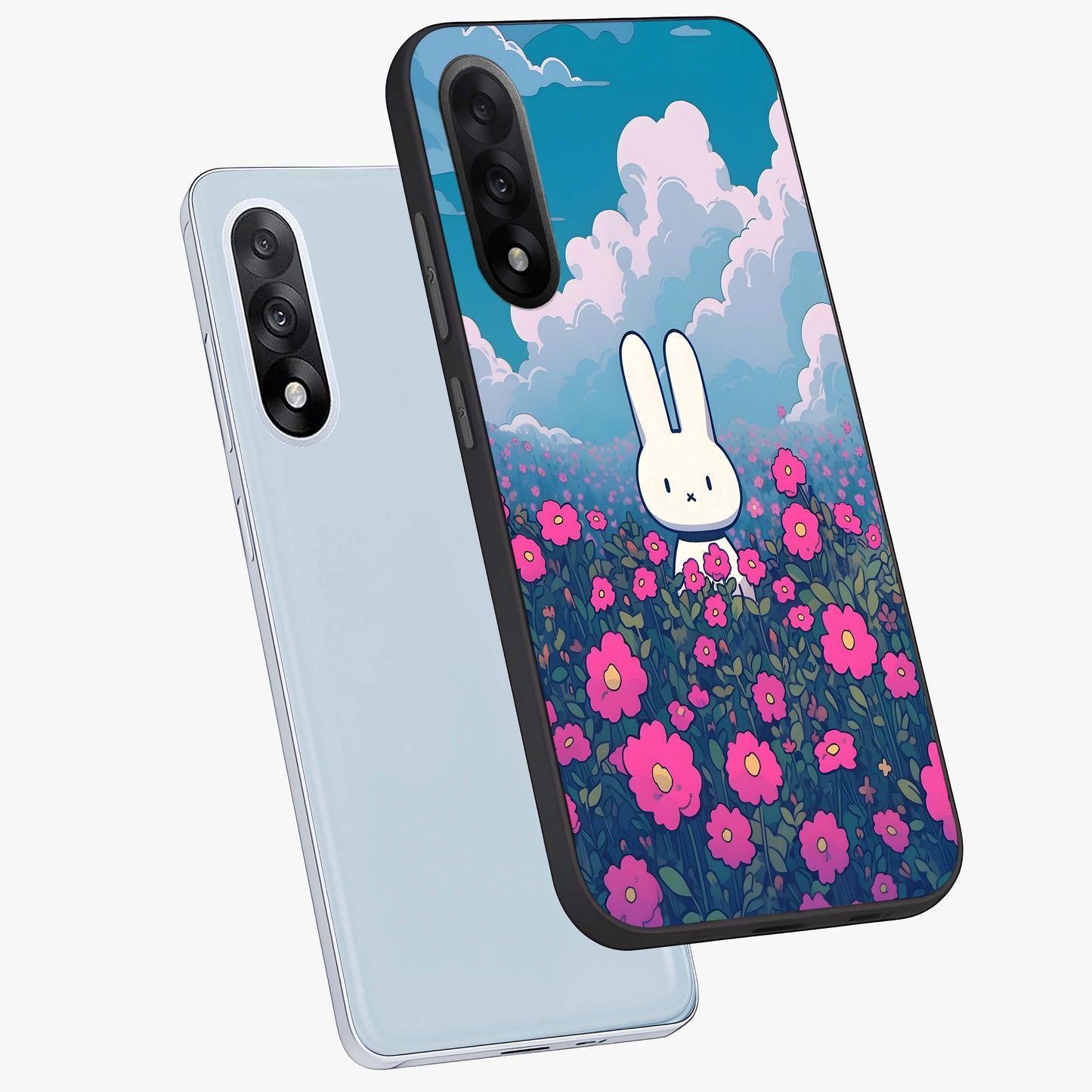 Springtime Blossom Bunny Glass Case for 1+Nord 5 angled mockup showcasing glossy finish and soft pastel tones