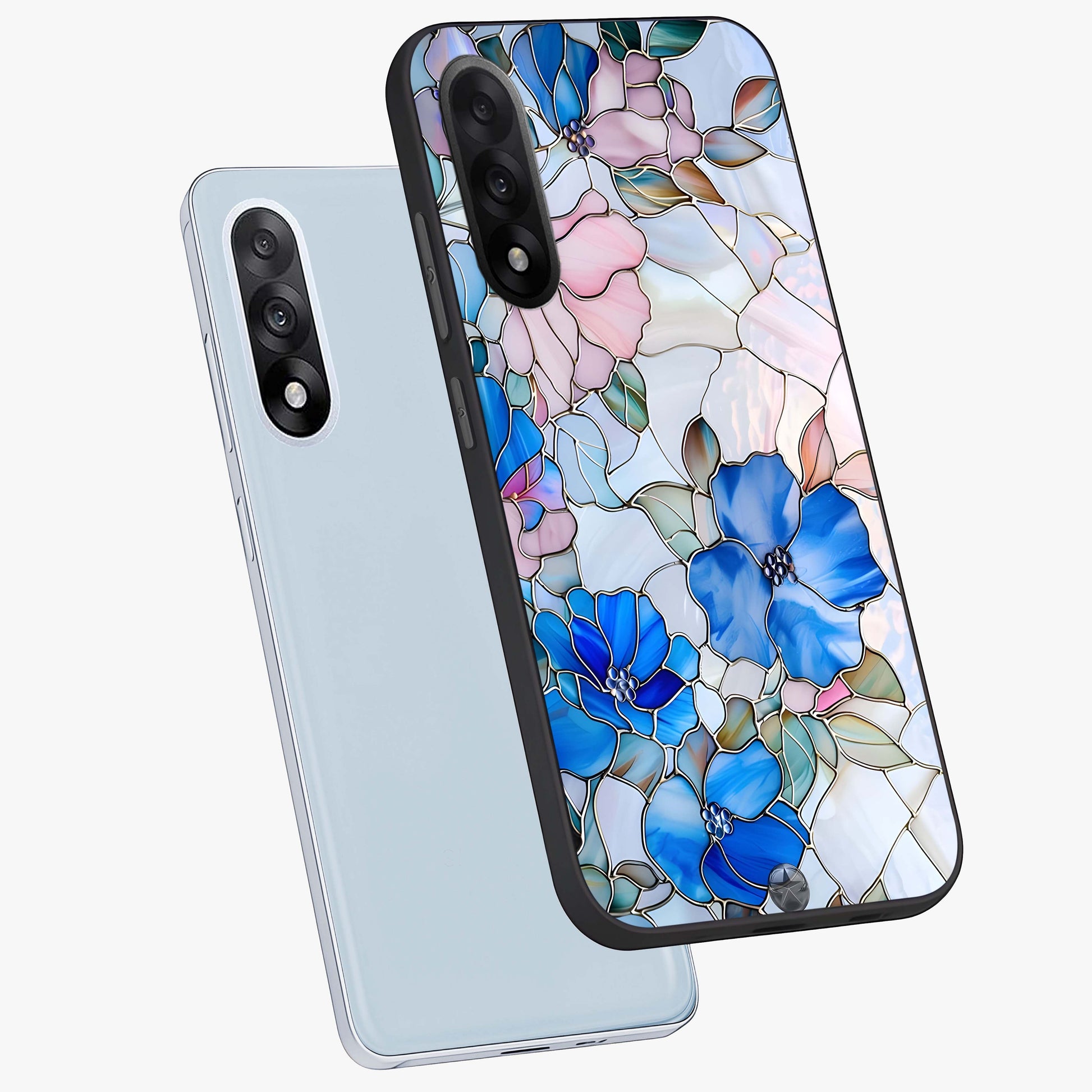 Stained Blue Floral Glass Case for 1+Nord 5 angled mockup showcasing glossy glass finish and rich sapphire tones