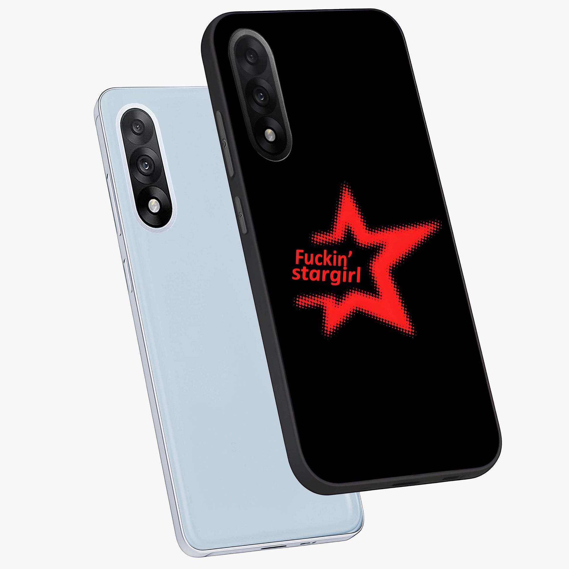 Starboy and Stargirl Energy Glass Case for 1+Nord 5 angled mockup showcasing glossy finish and vibrant cosmic tones