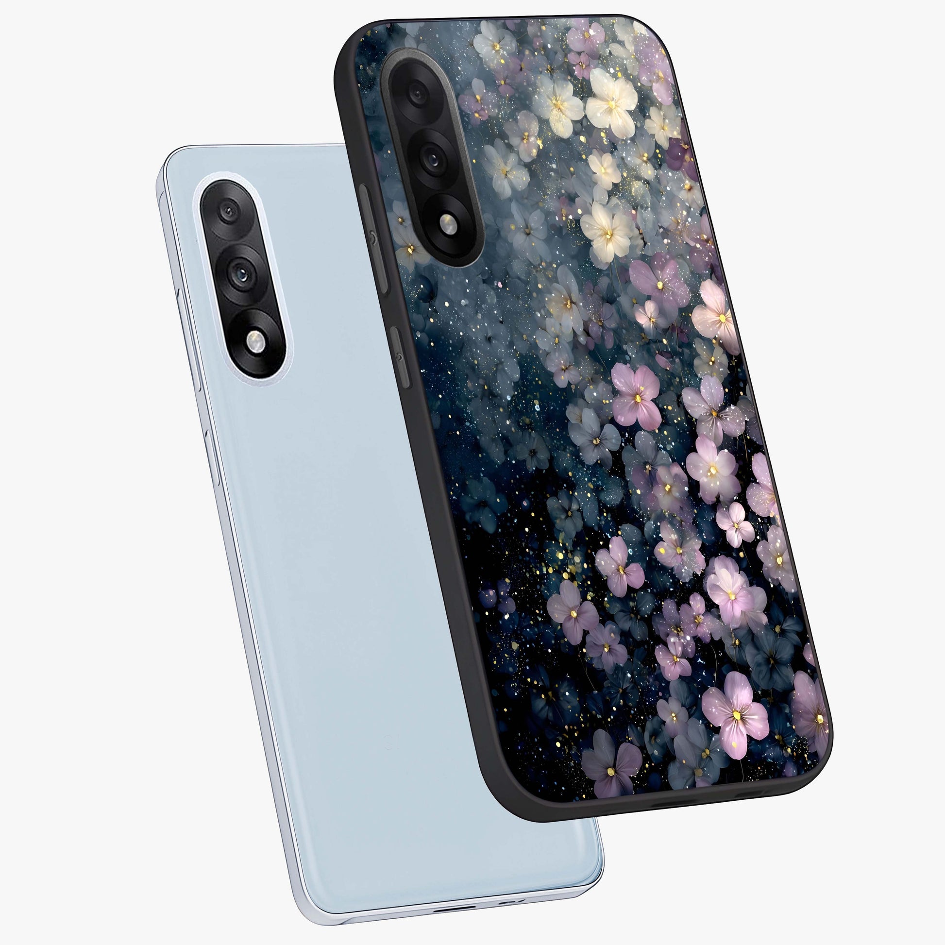 Starlit Blossom Dreams Glass Case for 1+Nord 5 angled mockup showcasing glossy finish and soft celestial detailing