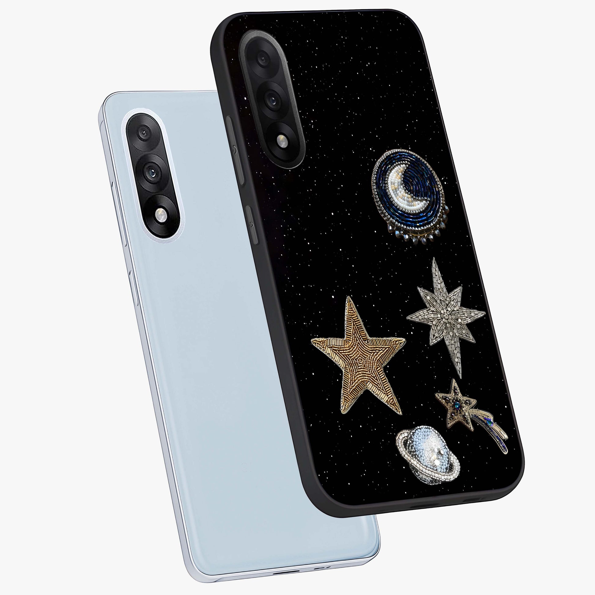 Starlit Cosmic Dreams Glass Case for 1+Nord 5 angled mockup showcasing glossy finish and deep space gradients