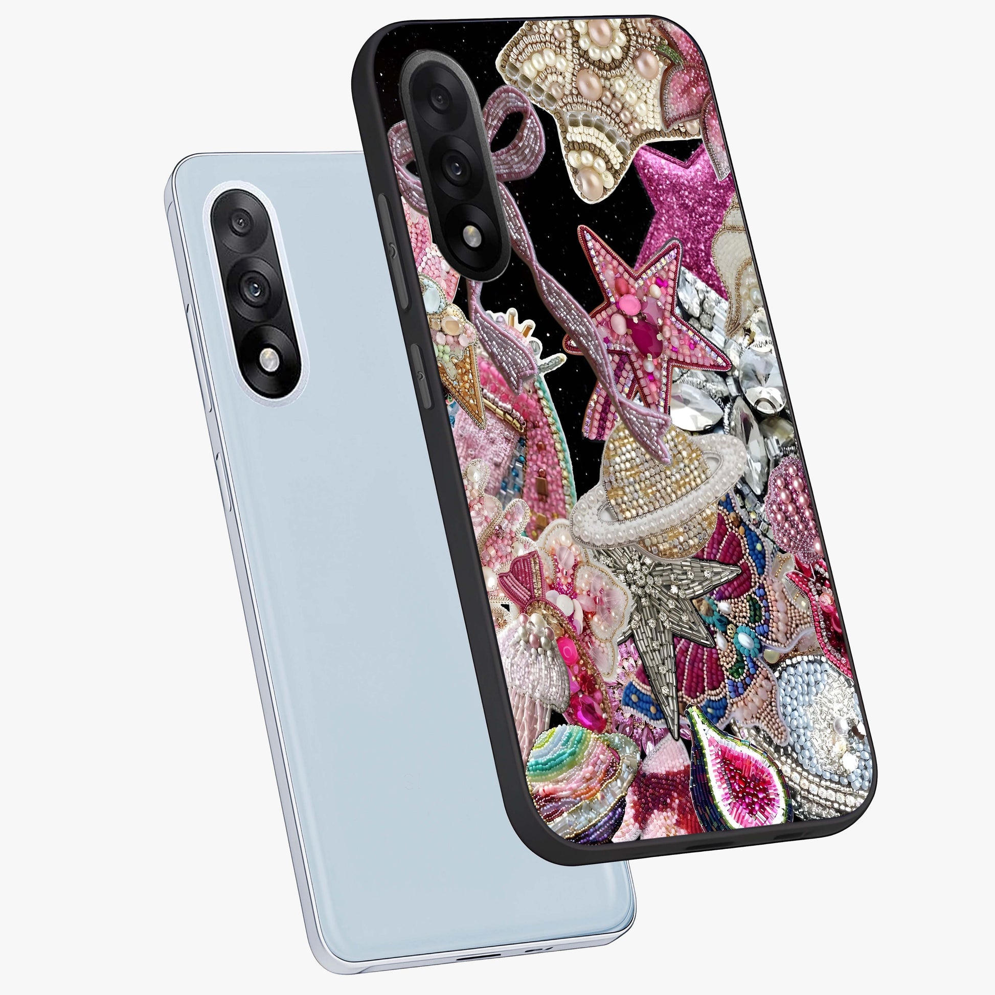 Starlit Jewel Dream Glass Case for 1+Nord 5 angled mockup showcasing glossy finish and radiant detailing