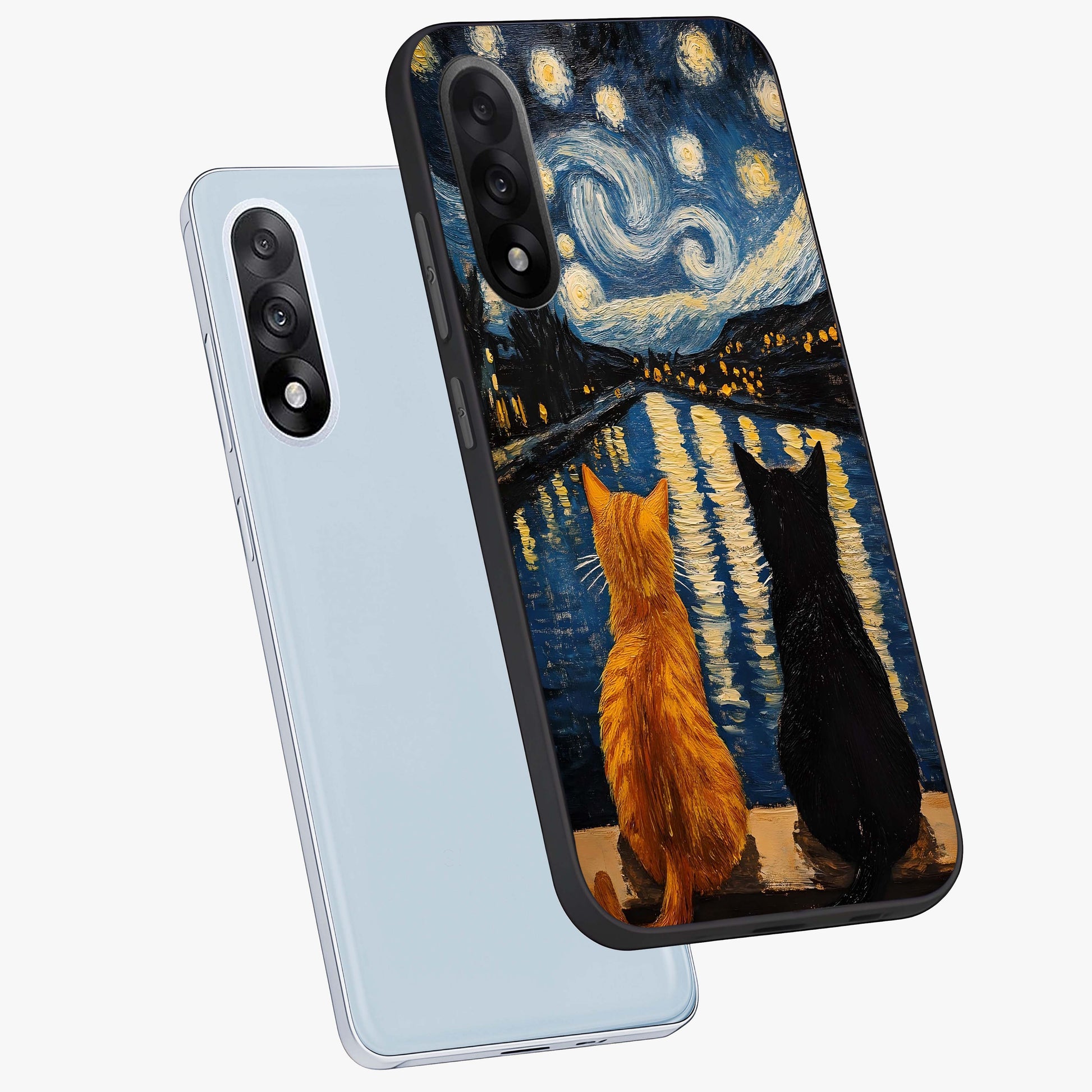 Starry River Cats Glass Case for 1+Nord 5 angled mockup showcasing glossy finish and soft cosmic detailing