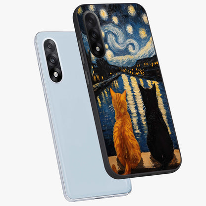 Starry River Cats Glass Case for 1+Nord 5 angled mockup showcasing glossy finish and soft cosmic detailing