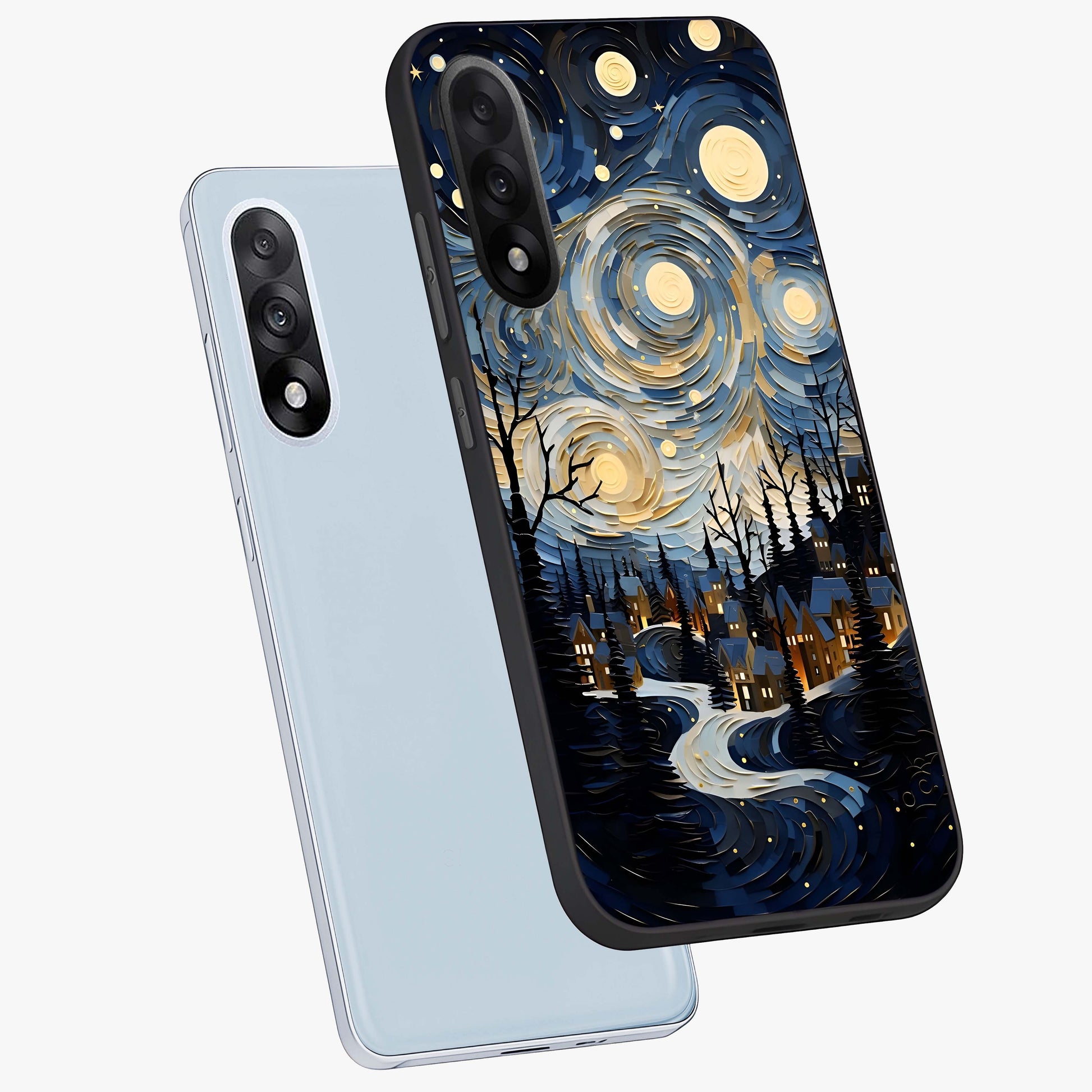 Starry Winter Town Glass Case for 1+Nord 5 angled mockup showcasing glossy finish and cool winter tones