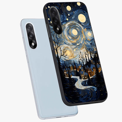 Starry Winter Town Glass Case for 1+Nord 5 angled mockup showcasing glossy finish and cool winter tones