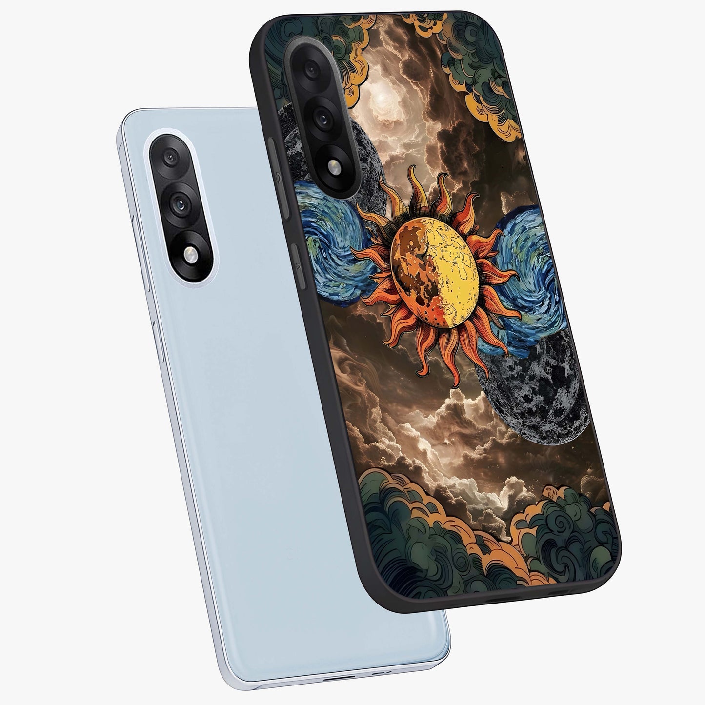Sun Kissed Valley Glass Case for 1+Nord 5 angled mockup showcasing glossy finish and warm sunset gradients