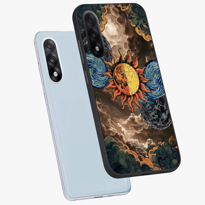 Sun Kissed Valley Glass Case for 1+Nord 5 angled mockup showcasing glossy finish and warm sunset gradients