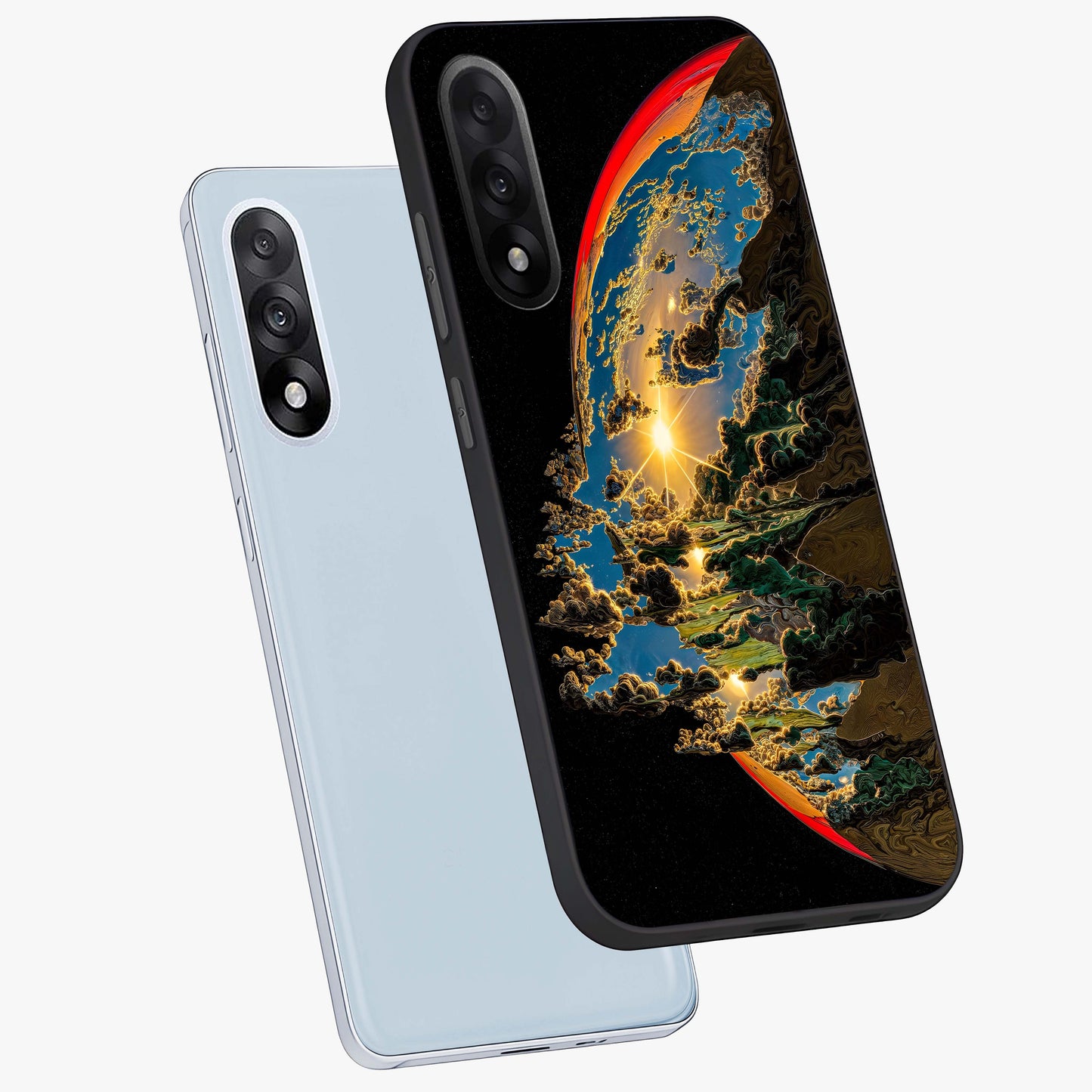 Sunrise Bursting Glass Case for 1+Nord 5 angled mockup showcasing glossy finish and warm golden gradients