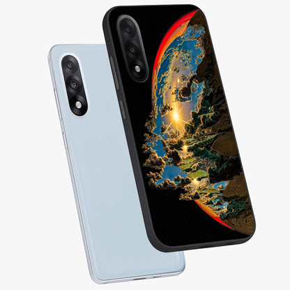 Sunrise Bursting Glass Case for 1+Nord 5 angled mockup showcasing glossy finish and warm golden gradients