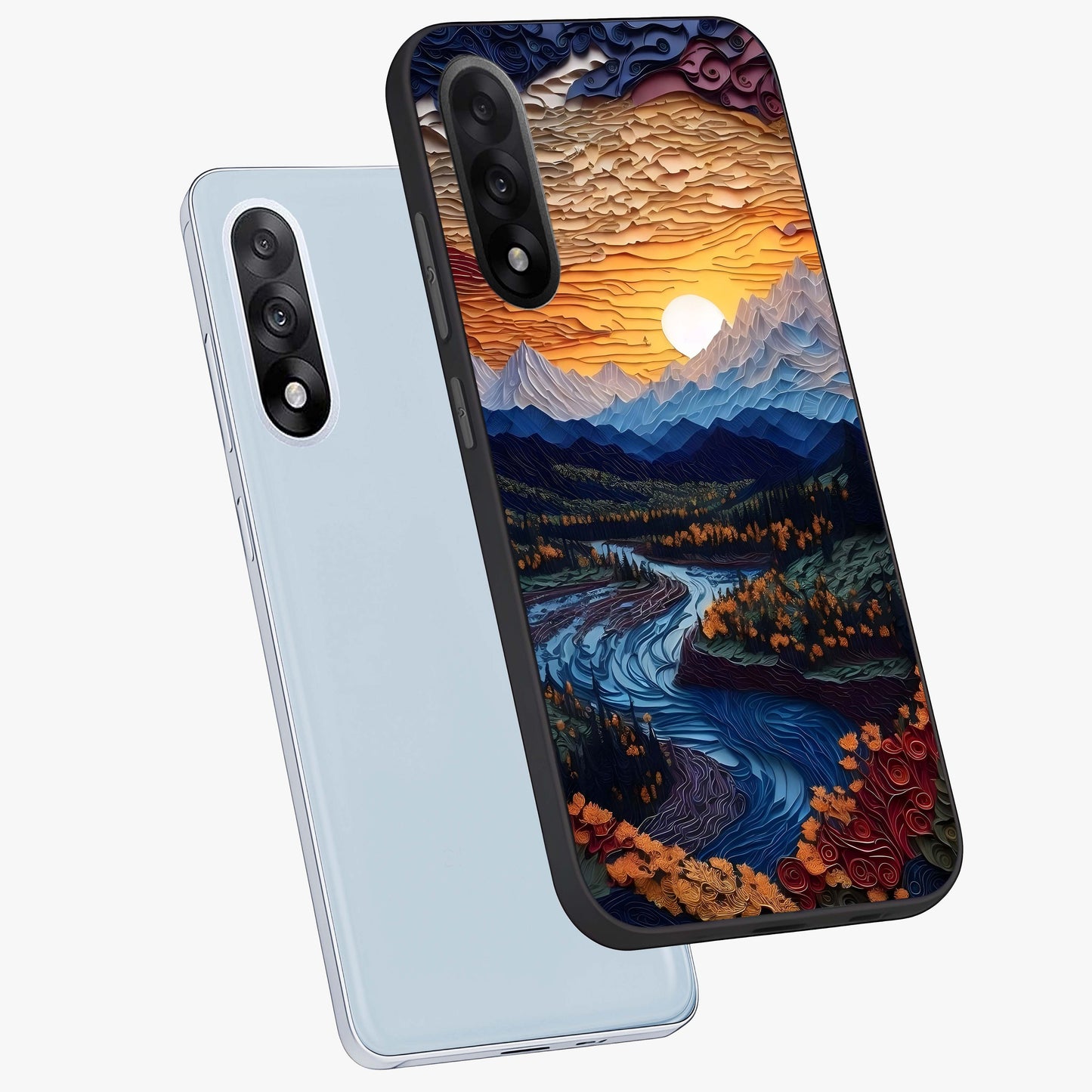 Sunrise River Dreams Glass Case for 1+Nord 5 angled mockup showcasing glossy finish and soft pastel gradients