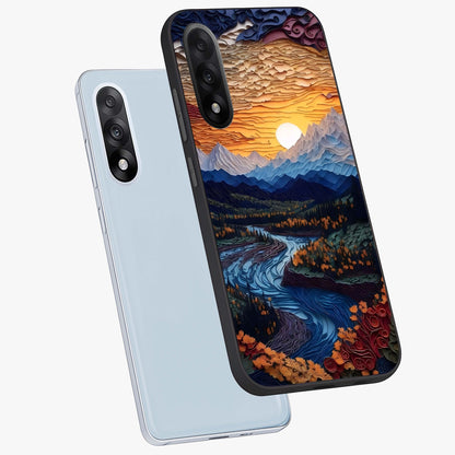 Sunrise River Dreams Glass Case for 1+Nord 5 angled mockup showcasing glossy finish and soft pastel gradients