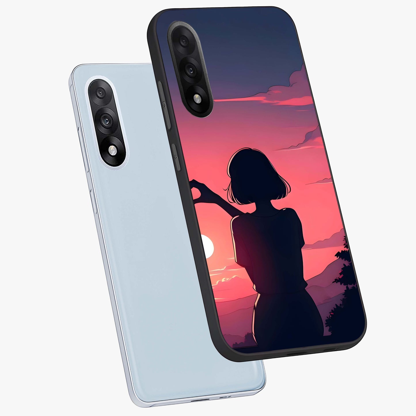 Sunset Silhouette Boy Glass Case for 1+Nord 5 angled mockup showcasing glossy finish and rich orange tones