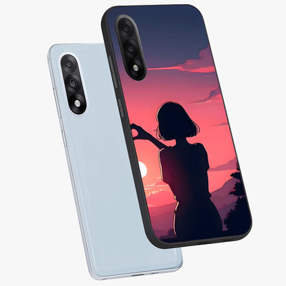 Sunset Silhouette Boy Glass Case for 1+Nord 5 angled mockup showcasing glossy finish and rich orange tones