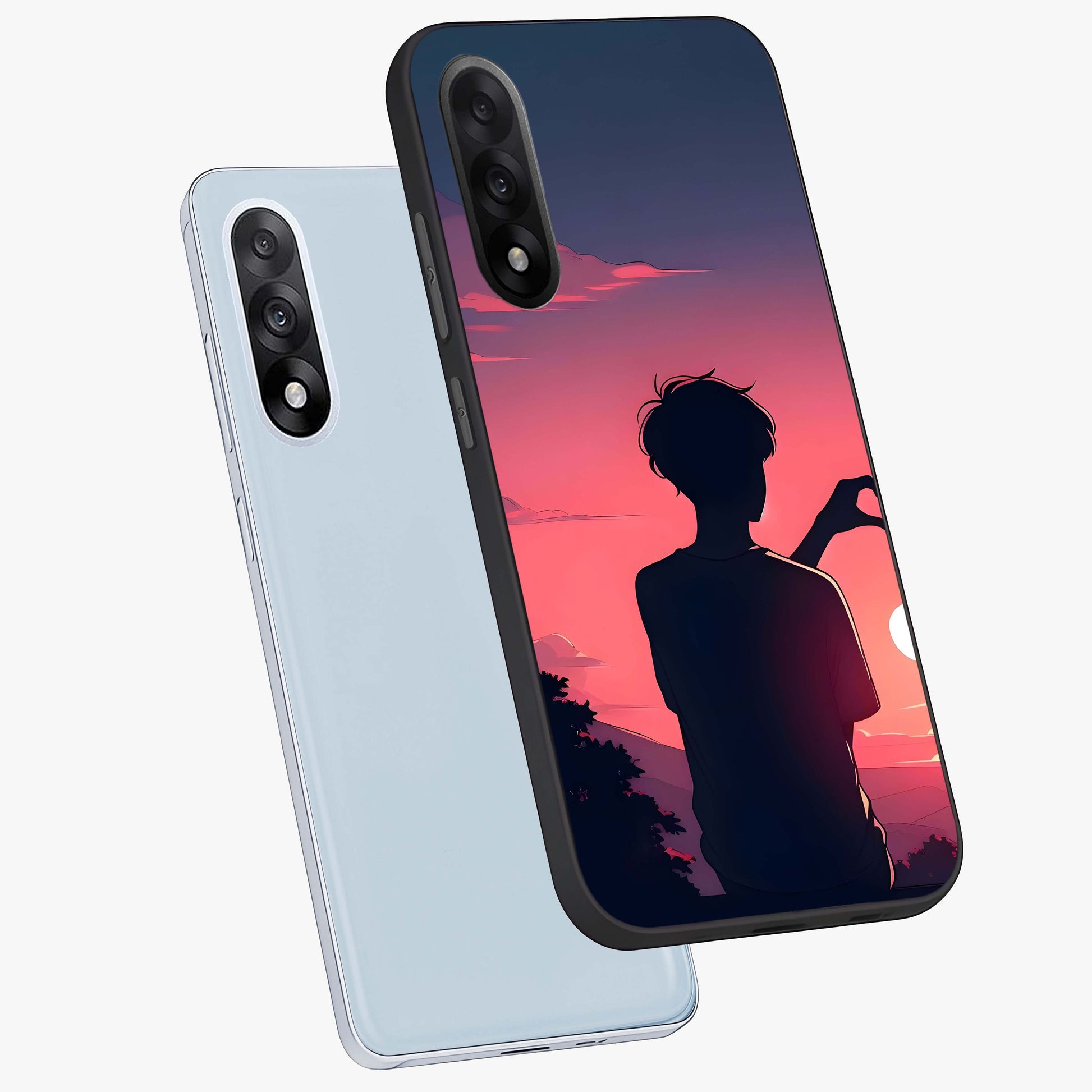Sunset Silhouette Girl Glass Case for 1+Nord 5 angled mockup showcasing glossy finish and warm gradient tones