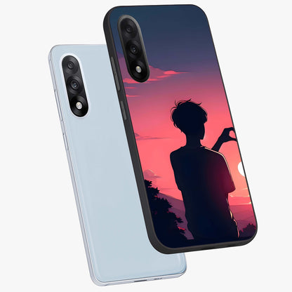 Sunset Silhouette Girl Glass Case for 1+Nord 5 angled mockup showcasing glossy finish and warm gradient tones