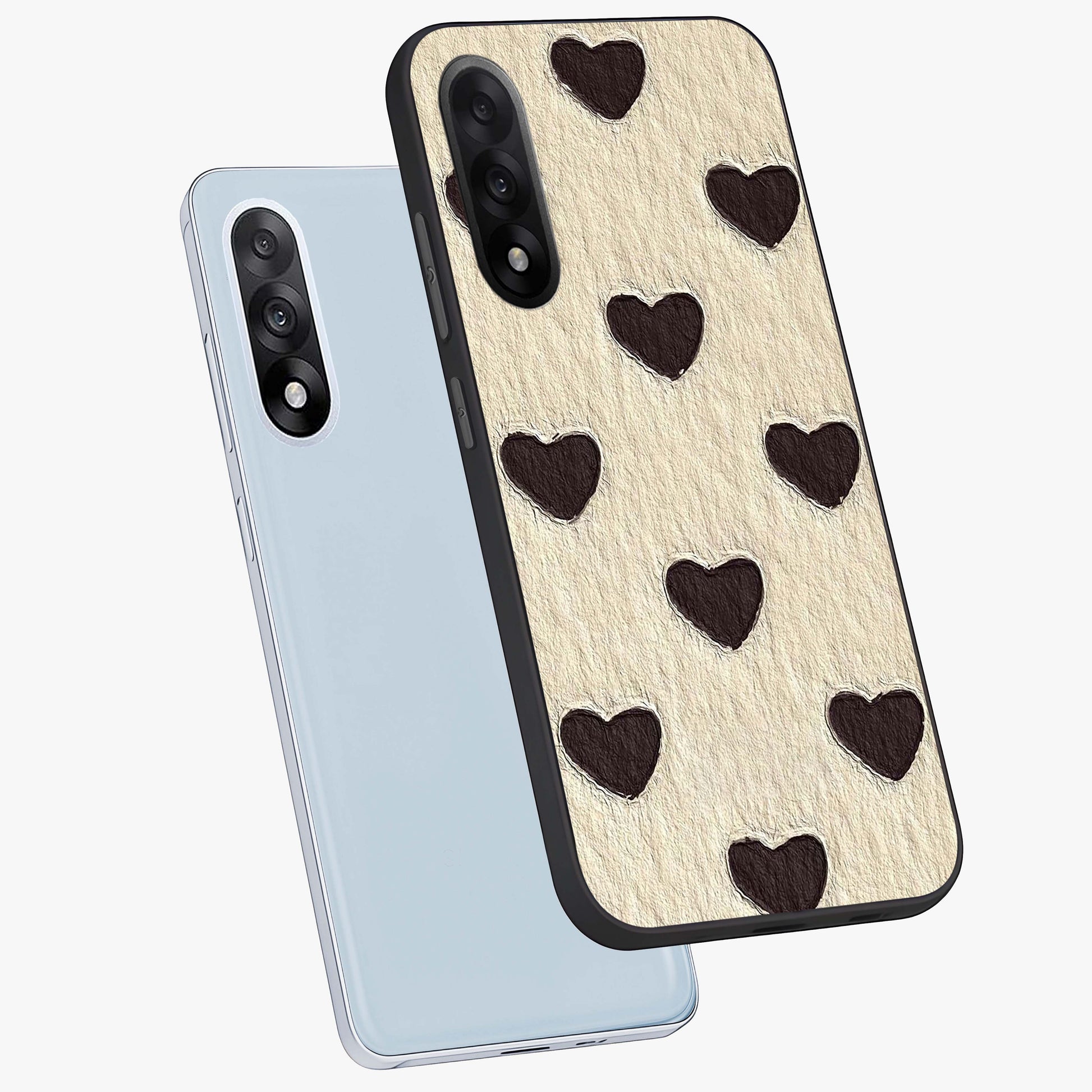 Textured Love Pattern Glass Case for 1+Nord 5 angled mockup showcasing glossy finish and subtle pattern detailing