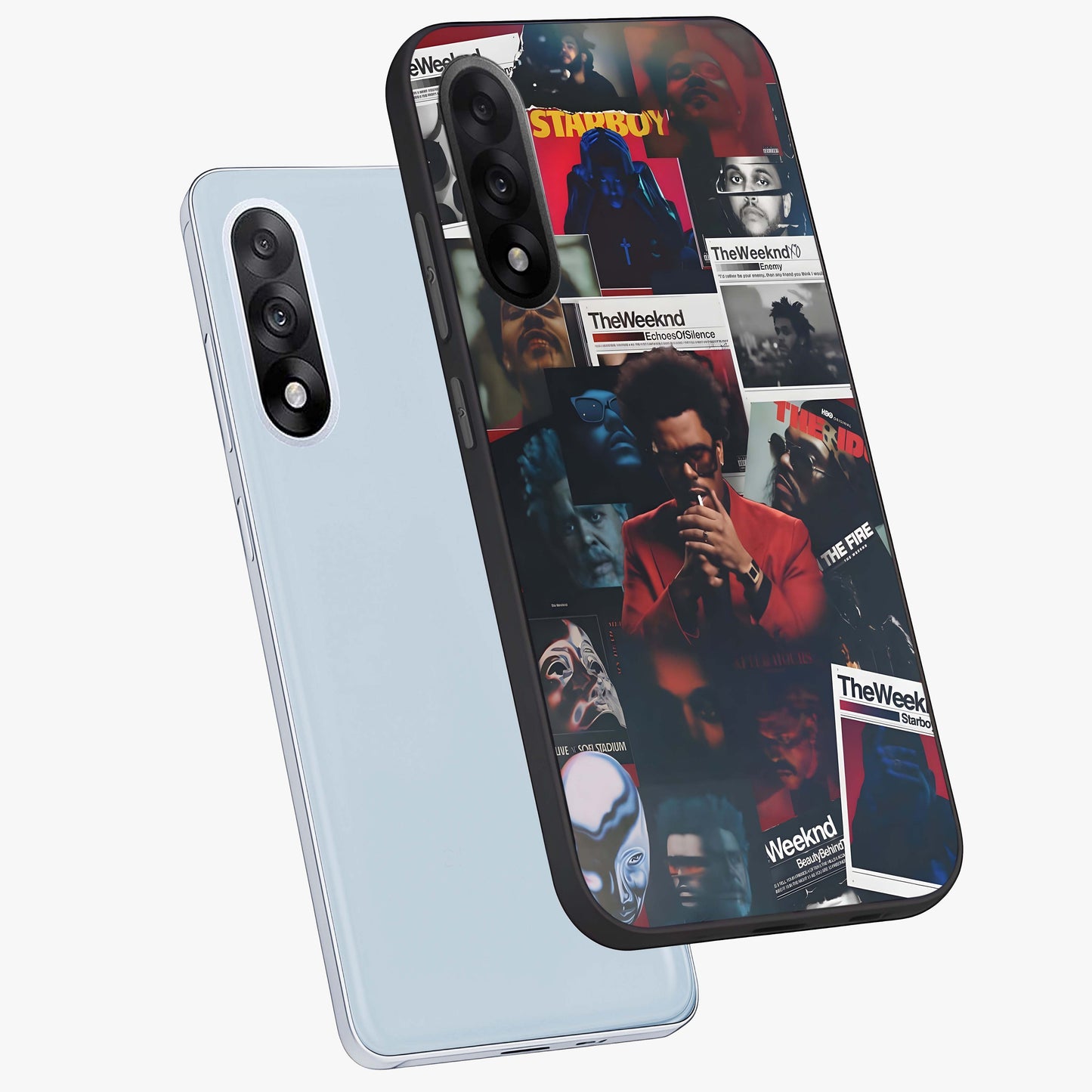 The Weeknd Glass Case for 1+Nord 5 angled mockup showcasing glossy finish and bold modern tones