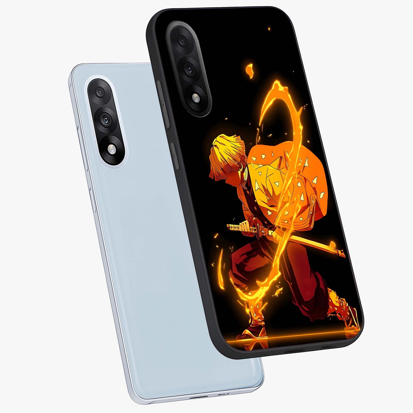 Thunder Flame Execution Glass Case for 1+Nord 5 angled mockup showcasing glossy finish and dramatic high contrast tones