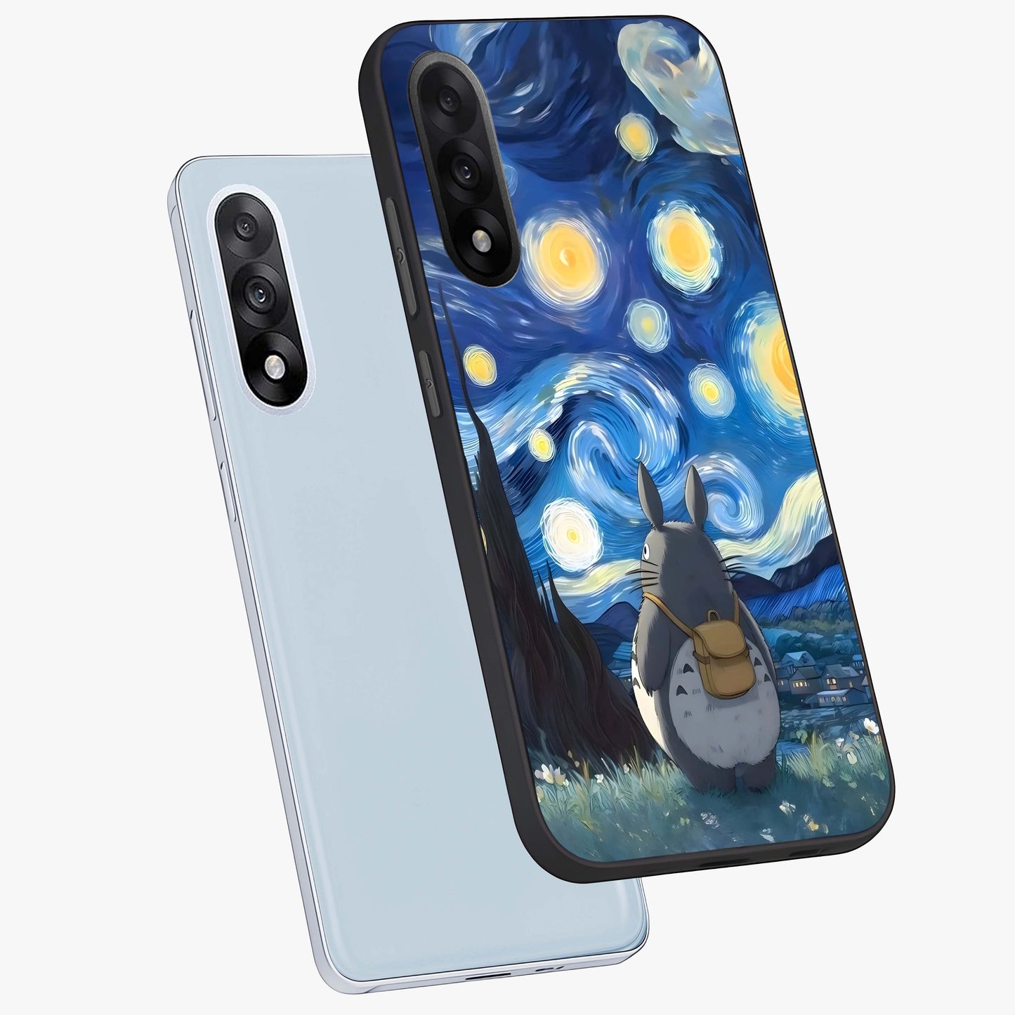 Totoro in Van Gogh Art Glass Case for 1+Nord 5 angled mockup showcasing glossy finish and vibrant brushstroke detailing