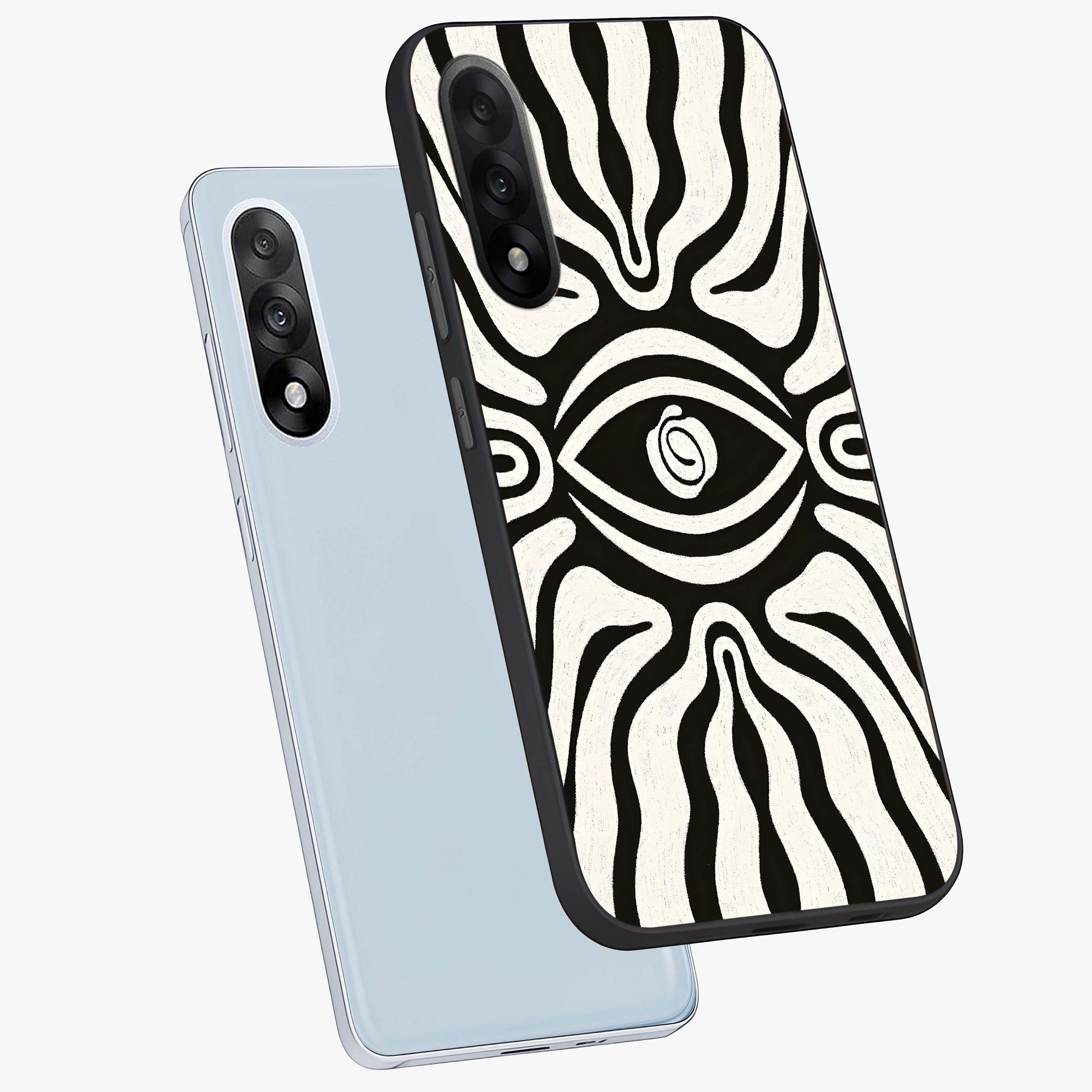 Trancewave Illusion Art Glass Case for 1+Nord 5 angled mockup showcasing glossy finish and psychedelic detailing