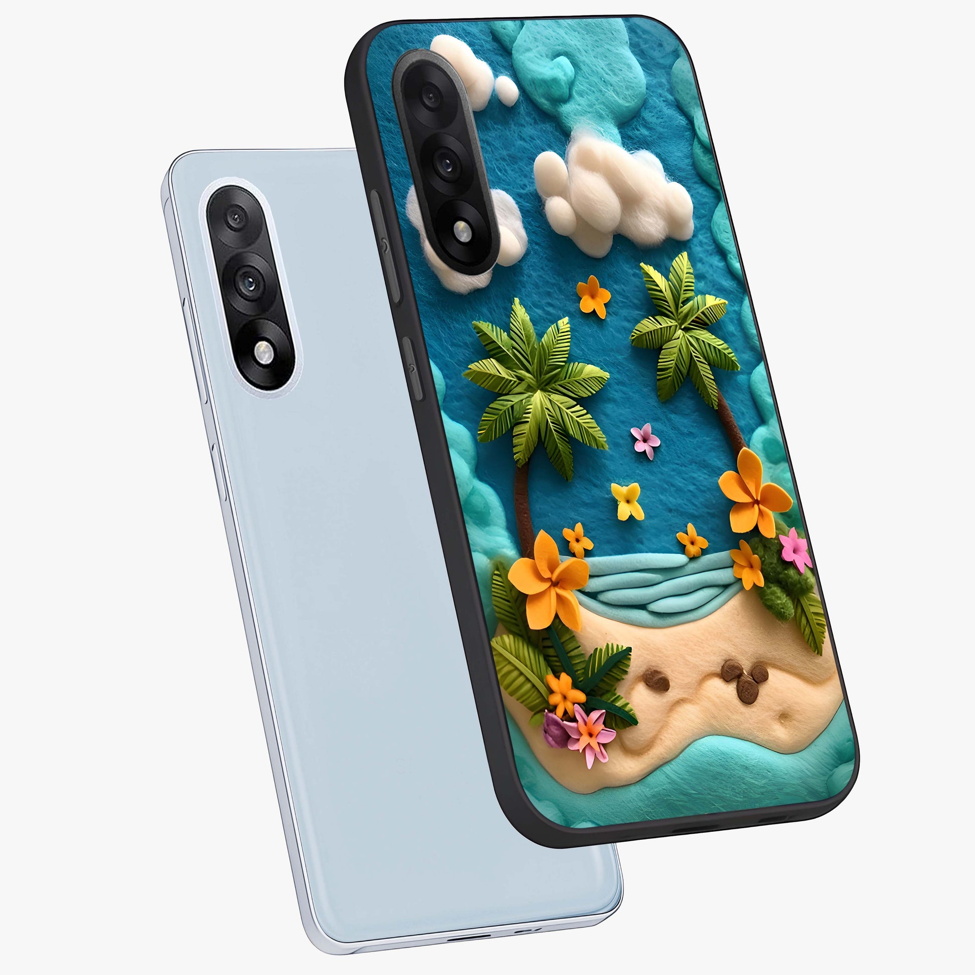 Tropical Felt Escape Glass Case for 1+Nord 5 angled mockup showcasing glossy finish and vibrant island tones