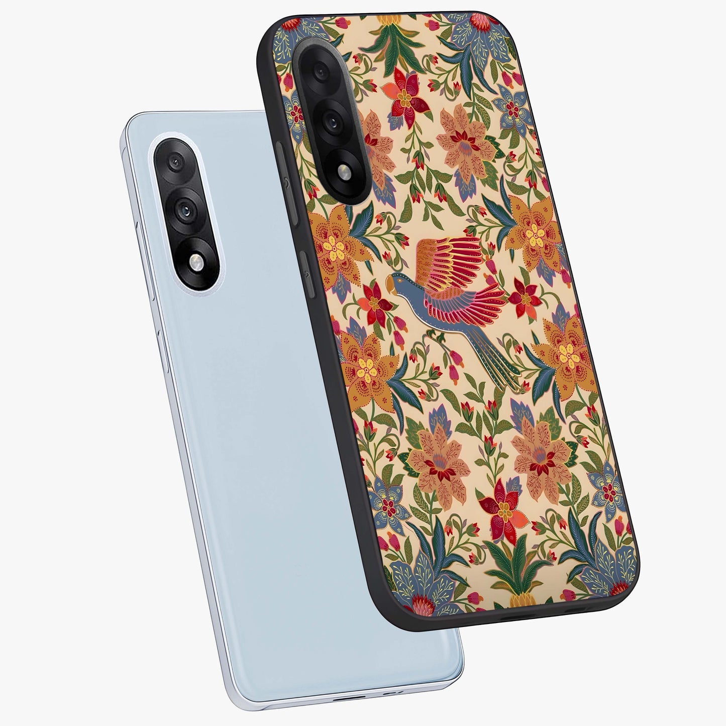Tropical Folk Art Bird Glass Case for 1+Nord 5 angled mockup showcasing glossy finish and rich cultural tones