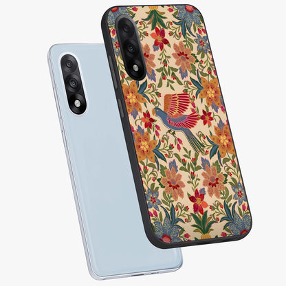 Tropical Folk Art Bird Glass Case for 1+Nord 5 angled mockup showcasing glossy finish and rich cultural tones