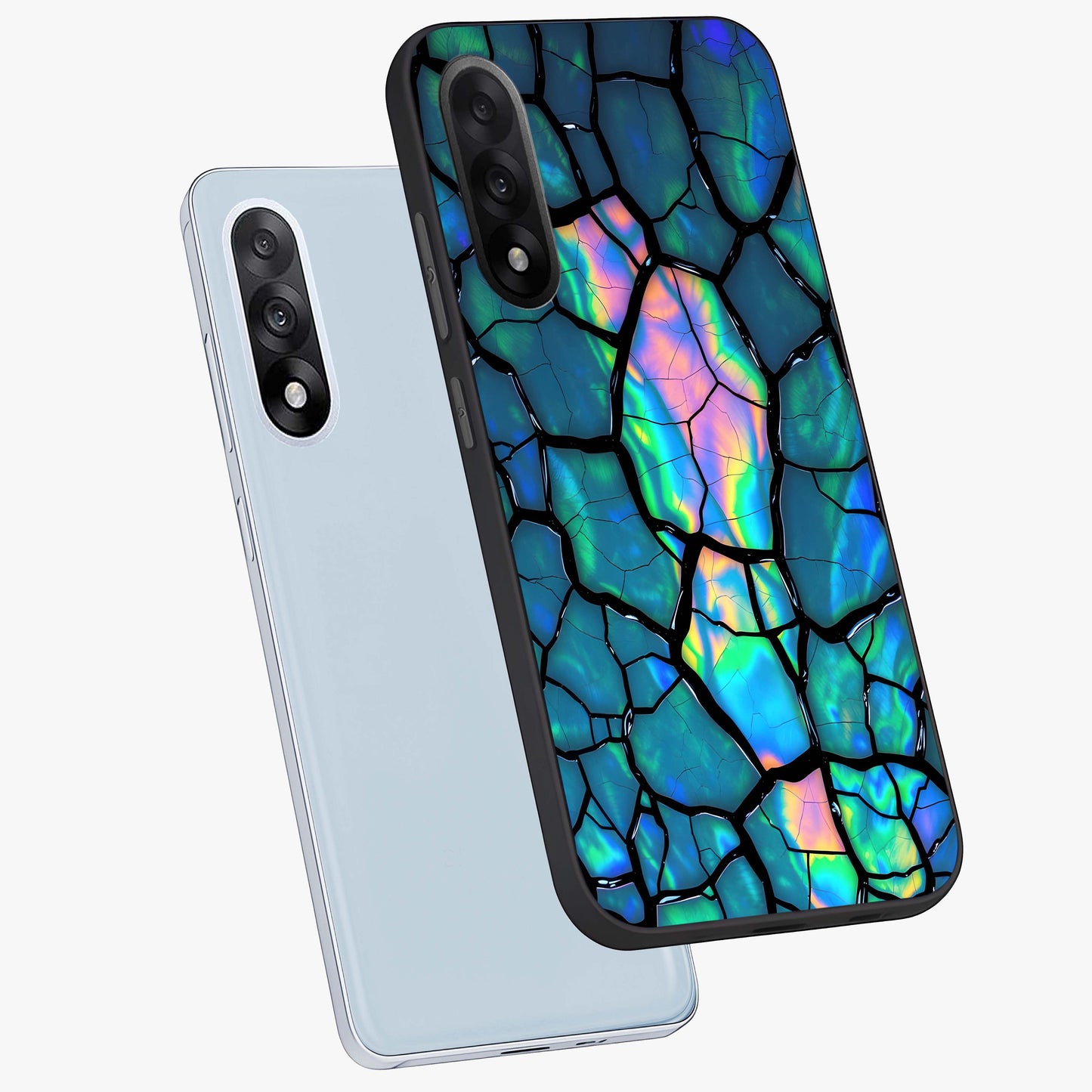 Tropical Wing Vibe Glass Case for 1+Nord 5 angled mockup showcasing glossy finish and bold gradient detailing