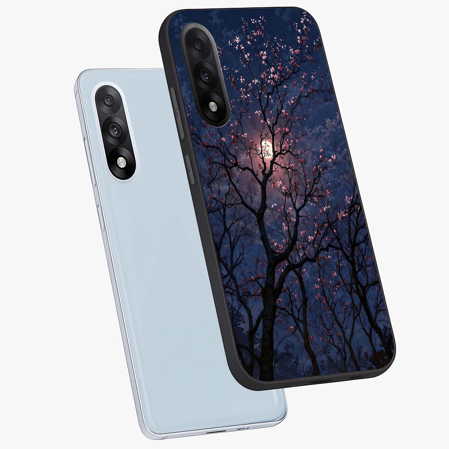Twilight Sakura Serenade Glass Case for 1+Nord 5 angled mockup showcasing glossy glass finish and soft purple gradients