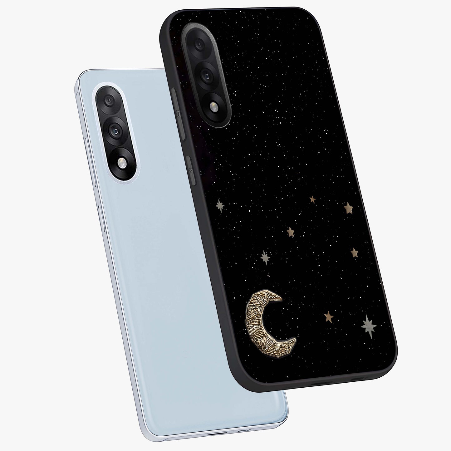Twinkle Star With Half Moon Glass Case for 1+Nord 5 angled mockup showcasing glossy finish and celestial night tones