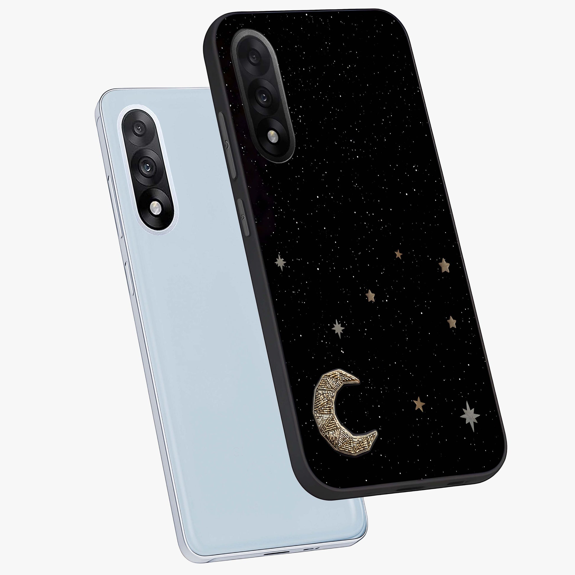 Twinkle Star With Half Moon Glass Case for 1+Nord 5 angled mockup showcasing glossy finish and celestial night tones