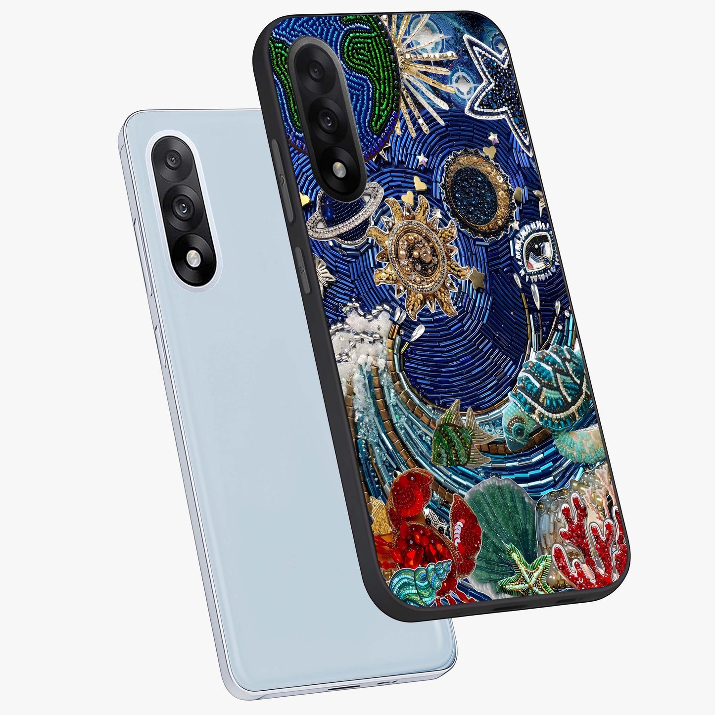 Universe Underwater Spark Glass Case for 1+Nord 5 angled mockup showcasing glossy finish and glowing blue gradients