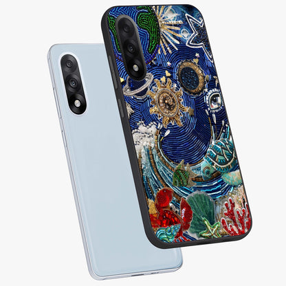 Universe Underwater Spark Glass Case for 1+Nord 5 angled mockup showcasing glossy finish and glowing blue gradients
