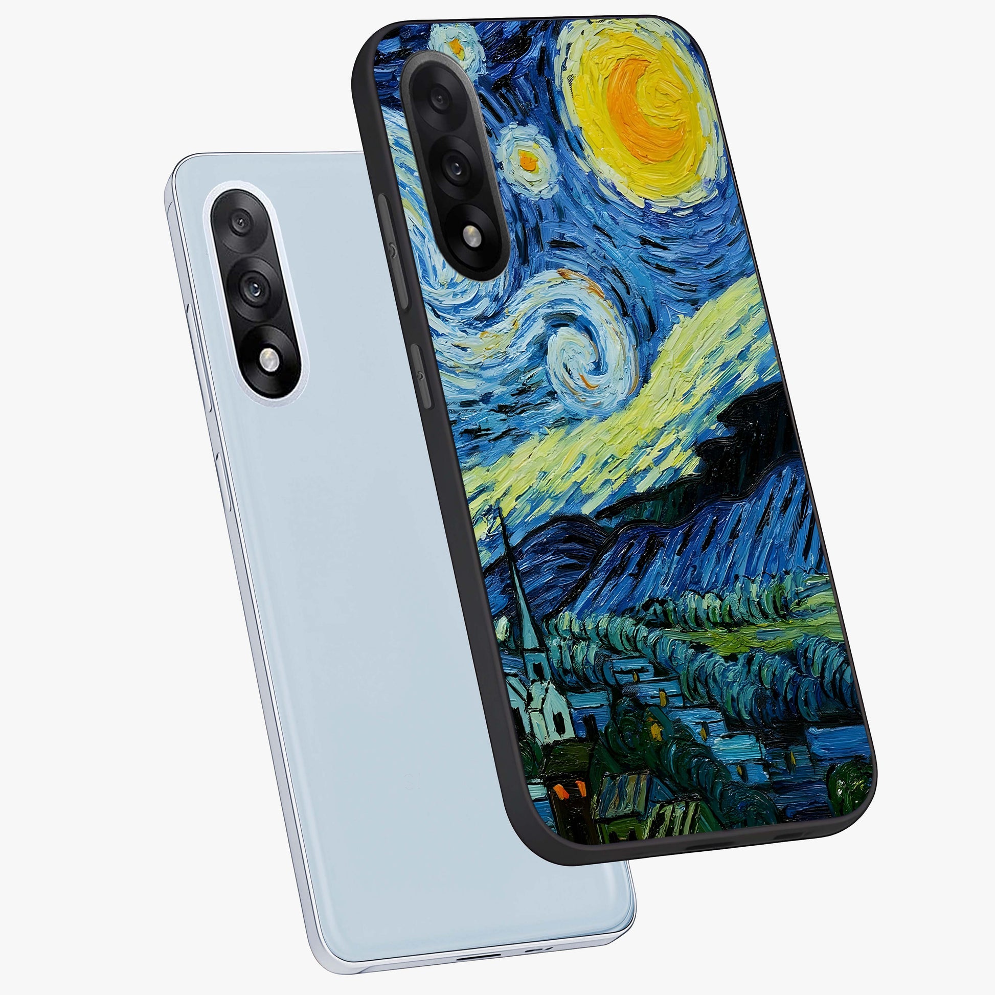 Van Gogh Art Glass Case for 1+Nord 5 angled mockup showcasing glossy finish and rich brushstroke textures