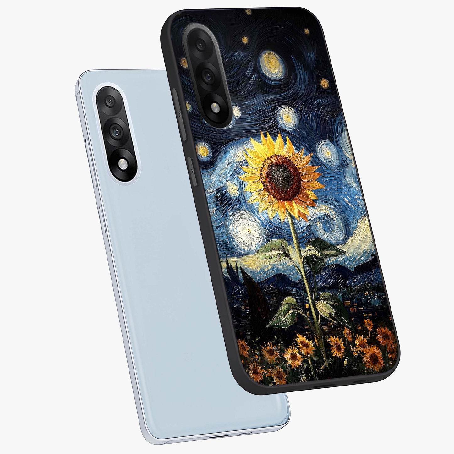 Van Gogh Sunflower Glass Case for 1+Nord 5 angled mockup showcasing glossy finish and bold yellow tones