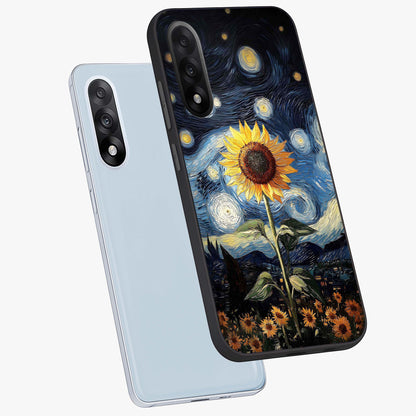 Van Gogh Sunflower Glass Case for 1+Nord 5 angled mockup showcasing glossy finish and bold yellow tones