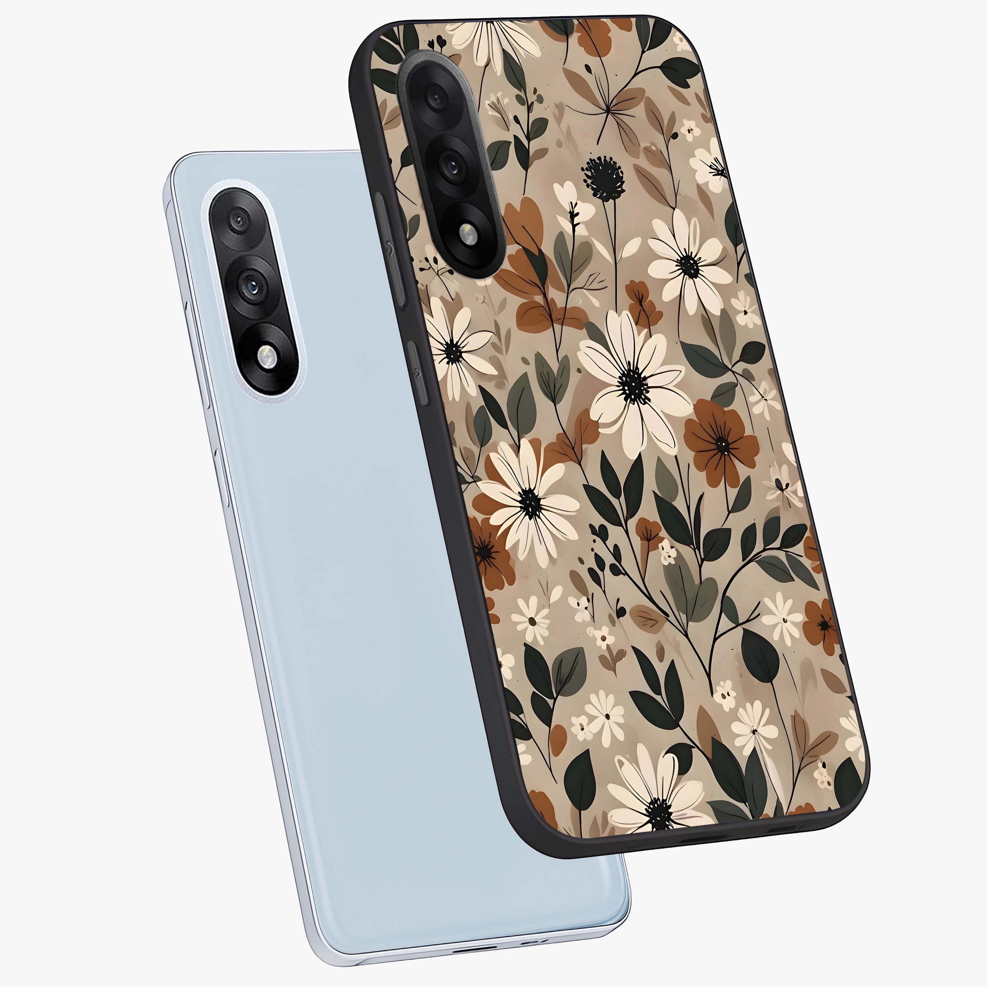 Vector Flowers Glass Case for 1+Nord 5 angled mockup showcasing glossy glass finish and crisp graphic detailing