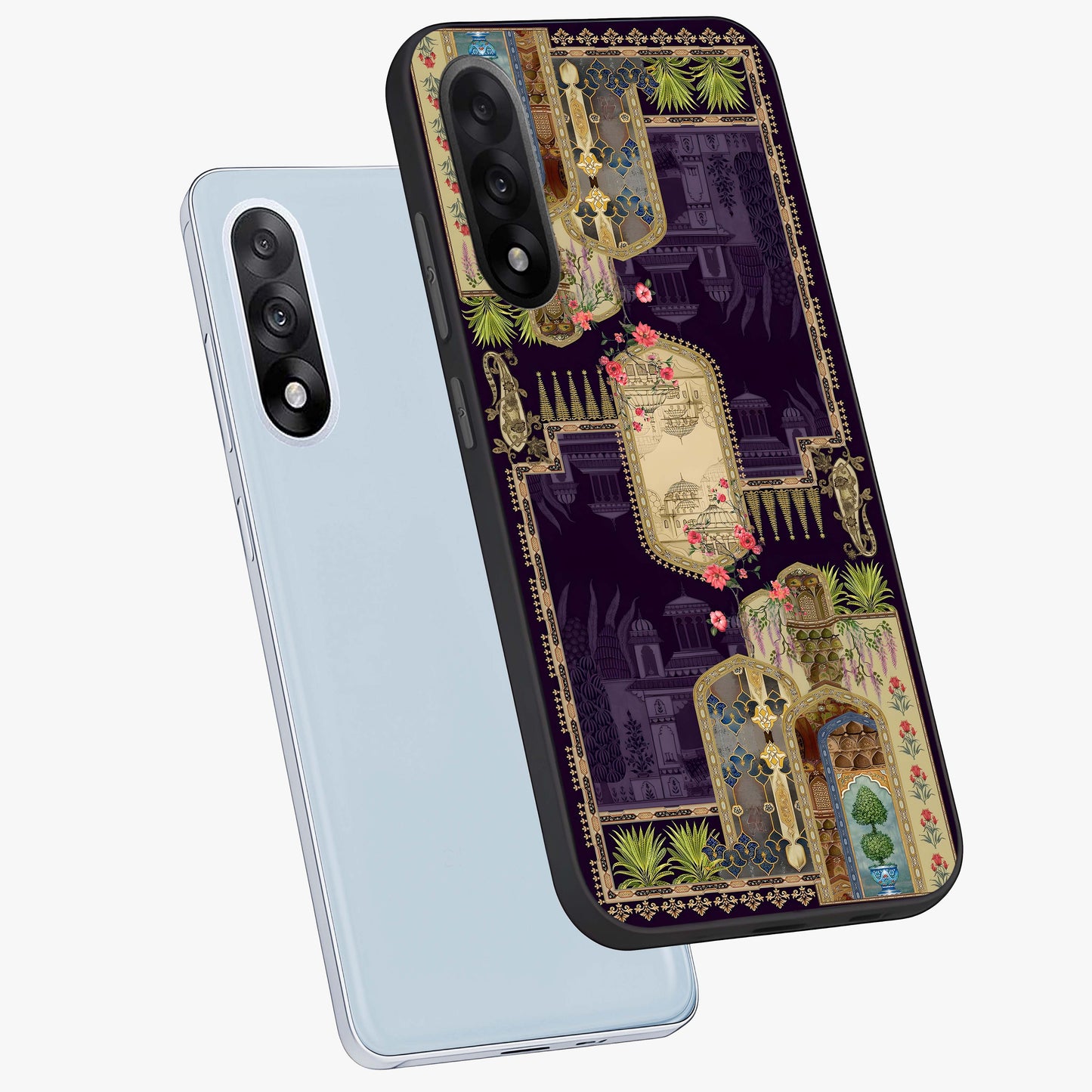 Velvet Mughal Art Glass Case for 1+Nord 5 angled mockup showcasing glossy finish and rich heritage tones