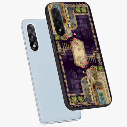 Velvet Mughal Art Glass Case for 1+Nord 5 angled mockup showcasing glossy finish and rich heritage tones