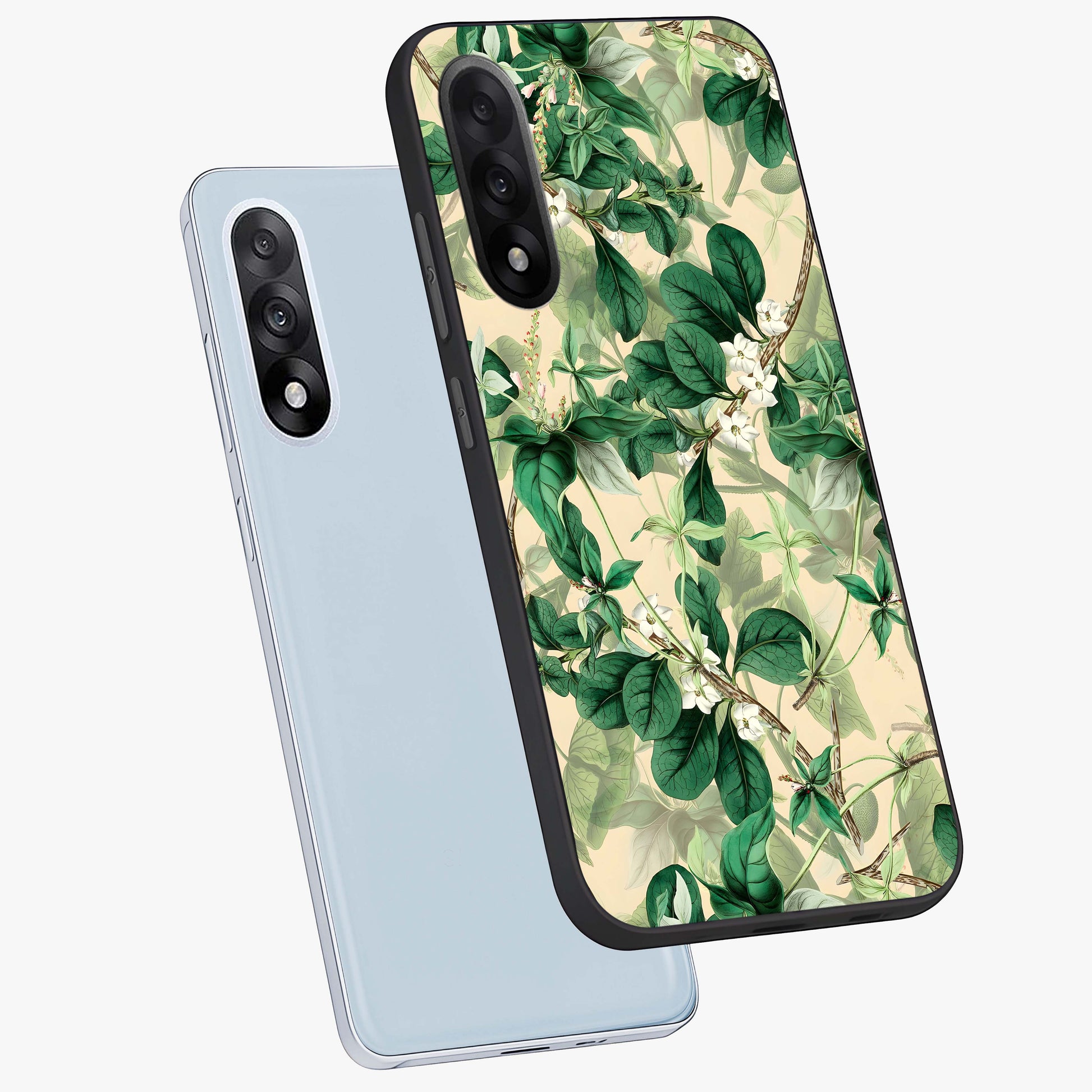 Verdant Garden Whispers Glass Case for 1+Nord 5 angled mockup showcasing glossy finish and natural earthy tones