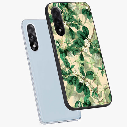 Verdant Garden Whispers Glass Case for 1+Nord 5 angled mockup showcasing glossy finish and natural earthy tones